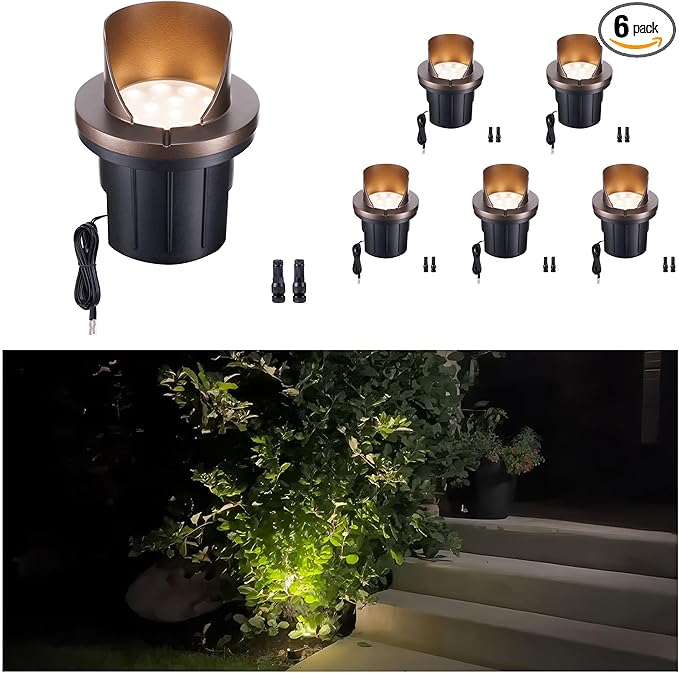 Landscape Well Light, LED Low Voltage In Ground Lights, IP67 Waterproof 12V Outdoor, Single Side Aluminum ORB for Tree Fence, 6 Pack, Color Temp Random: 3000K or Upgraded 5CCT(1800–5000K)