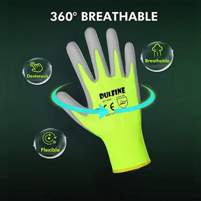 Safety Work Gloves for Men PU Coated 12 Pairs Bulk Pack,Hi-Vis Yellow Seamless Knit Glove with thin Polyurethane Coated Smooth Grip on Palm & Fingers,Ideal for General Duty Work (Small)