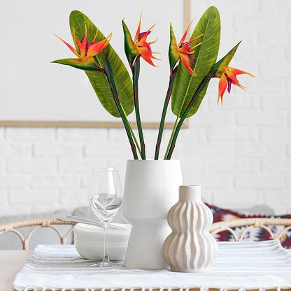 Artificial Bird of Paradise Flowers Real Touch 31.5'in Long Stem Flower 4 Pcs, with Bird of Paradise Leaves 33.5'in Long Stem Greenery Plants 2 Pcs,for Home Garden Wedding Party Decor (Orange 6 Stems)