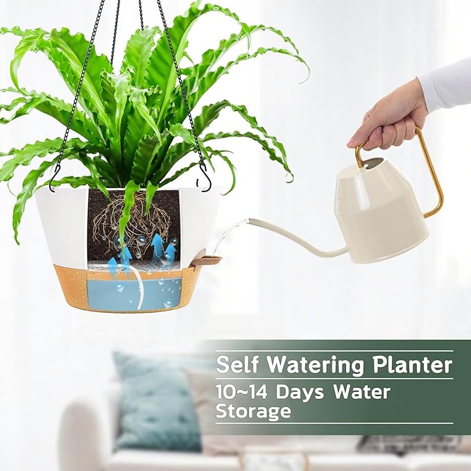 ZMTECH 2 Pack 12 Inch Hanging Planters, Large Hanging Plant Pot with Visible Water Level and Chain, Self Watering Hanging Flower Pot for Indoor Outdoor Garden Porch(White)