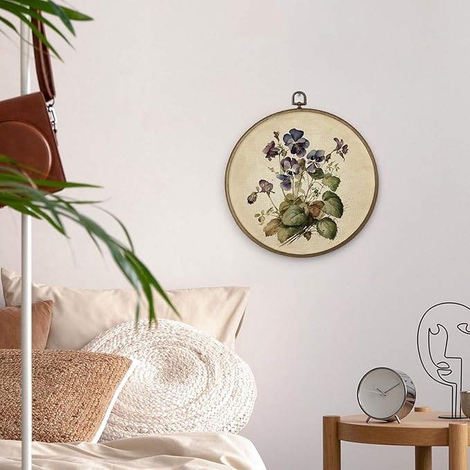 MAQIKA Vintage Purple Flower Framed Wall Art Decor, Floral Wall Decor, Wildflower Round Wall Hanging Decor, Retro Botanical Canvas Prints Wall Art for Bedroom Living Room, 10x10 Inch