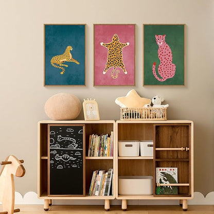 Ausril Cheetah Animals Framed Canvas Wall Art Set, Leopard Preppy Room Wall Decor, Modern Boho Cats Wall Painting, Pink Dot Cartoon Art Print for Living Room Bedroom Dinning Room Office 16"x24"x3