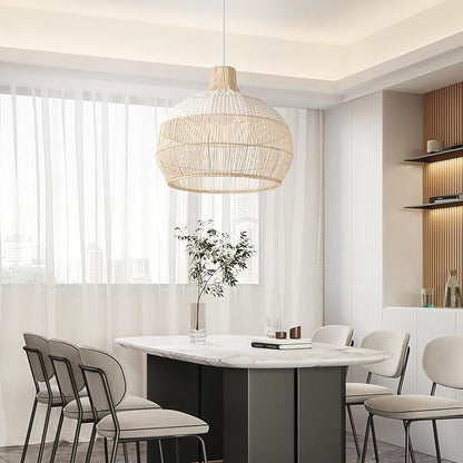 Arturesthome 23.6" White Rattan Pendant Light for Kitchen Island Sink, Wicker Chandelier, Handwoven Hanging Ceiling Light Lampshade for Dining Room Bedroom