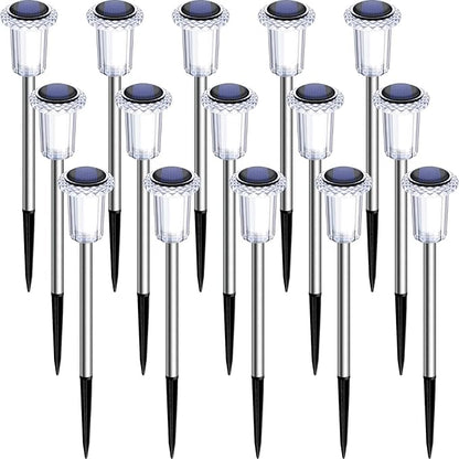 DenicMic Solar Lights Outdoor 15 Pack Waterproof 6000K Cold White LED Stainless Steel Stake for Pathway Yard Garden Driveway Solar Powered Outside Decor