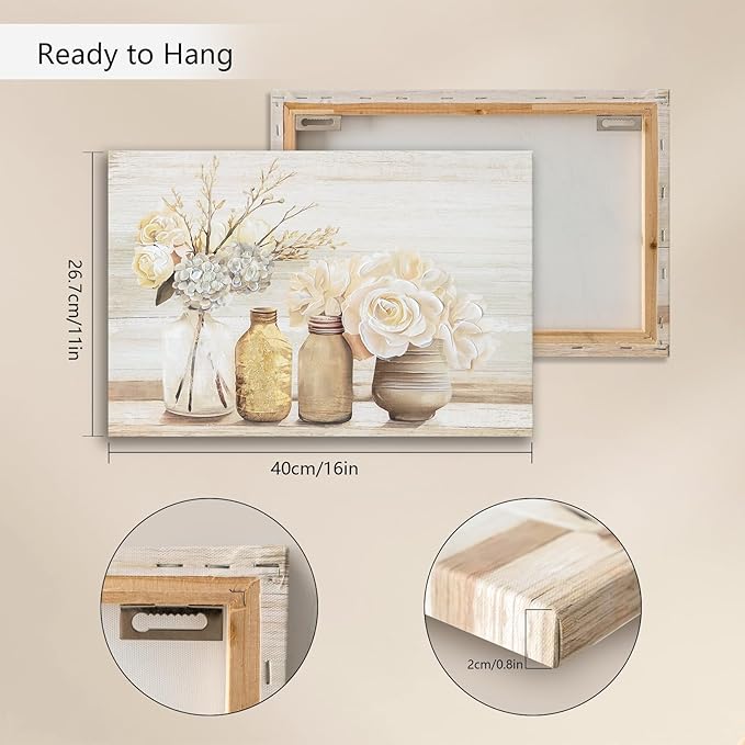 Farmhouse Floral Wall Art for bathroom, Flower Rustic Wood Board Canvas Wall decor Art hand paint Paintings Country Flower Pictures Posters Prints Artwork for living room Bedroom kitchen, 16L X 12W