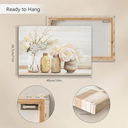 Farmhouse Floral Wall Art for bathroom, Flower Rustic Wood Board Canvas Wall decor Art hand paint Paintings Country Flower Pictures Posters Prints Artwork for living room Bedroom kitchen, 16L X 12W