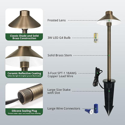 GKOLED Solid Brass Pathway Lights, Low Voltage LED Landscape Path Light, Outdoor Waterproof Accent Lighting, 12V AC/DC, 2700K Warm White, with 3W G4 LED Bulb & Large Rugged Slot Spike, 20 Pack