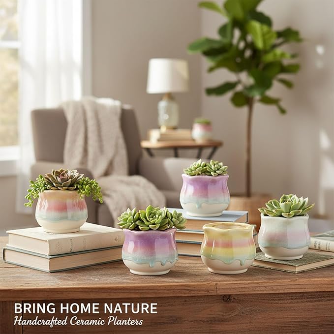 6 Pack Ceramic Succulent Planters, 3.54" W × 3.35" H Gradient Crackle Glaze Flower Pots for Succulents, Cacti, Small Plants, Creative Gardening Decorative Planter Containers