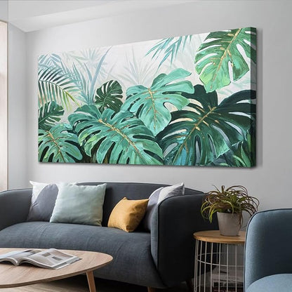 Enartly Palm Green Leaf Canvas Wall Art for Living Room, Monstera Tropical Leaf Painting Jungle Plant Picture Nature Artwork Print Framed Bedroom Hallway Office Home Decor, Large 48"x24"