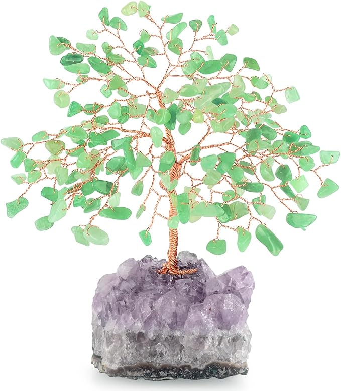 Gemstone Crystal Tree of Life,Natural Green Aventurine with Amethyst Cluster Base,Feng Shui Gift Bonsai Money Tree,Home Decor for Luck and Wealth 5.5"-6.3"
