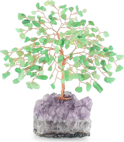 Gemstone Crystal Tree of Life,Natural Green Aventurine with Amethyst Cluster Base,Feng Shui Gift Bonsai Money Tree,Home Decor for Luck and Wealth 5.5"-6.3"