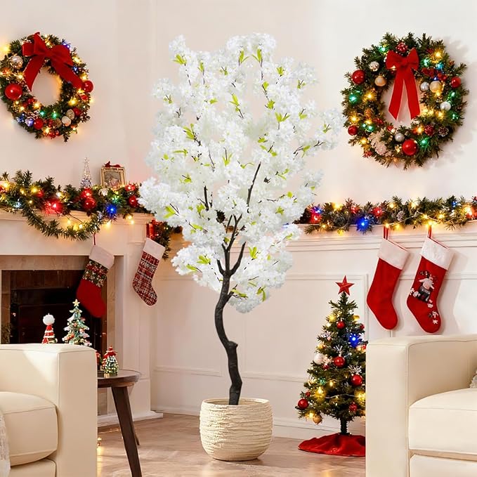 White Faux Cherry Blossoms Tree Artificial Cherry Blossom Tree Bedroom Trees for Home Christmas New Year Decor
