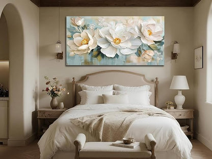 Enartly White Flowers Canvas Wall Art, Natural Plant Painting Textured Artwork for Living Room Bedroom Hallway Kitchen Dining Room Home Office Wall Decor, 40"x20"
