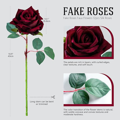 Fake Roses Faux Flowers Silk Roses Artificial Roses with Stems 16.5In Realistic Artificial Flowers Suitable for Indoor Home Decoration Diy Bouquet Wedding Decor Party Decor 12PCS(Black red)