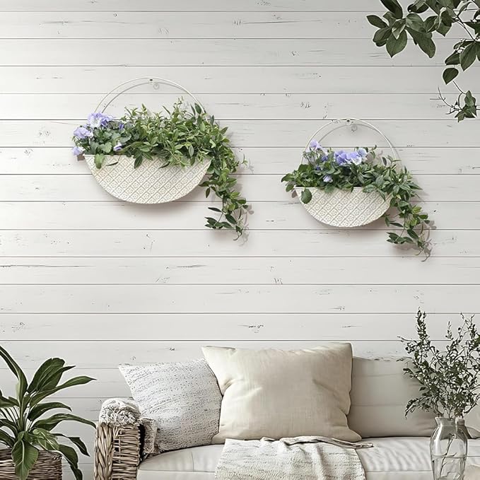 2-Piece Metal Planter Wall Hanging Baskets Decor Half-Moon Wall Mount Planter Set for Shabby Chic Farmhouse Outdoor Indoor Wall Decor