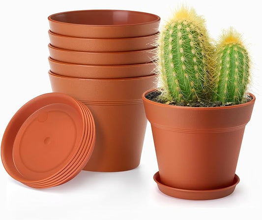 4 Inch Plastic Plant Pots 6 Pack, Small Flower Pots with Drainage Holes and Tray, Thickened Indoor Planters Seedlings Nursery Pots, African Violet, Succulent and All House Plants, Terracotta