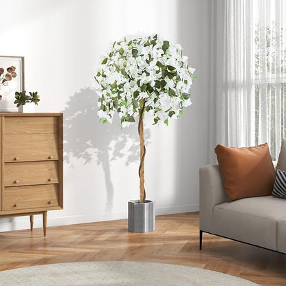 GOFLAME 53" Artificial Bougainvillea Tree, 2 Pack Faux Silk Flower Plant in Pot with 576 Flowers & 288 Leaves, Indoor Outdoor Fake Bougainvillea for Home, Office and Garden Decor, White