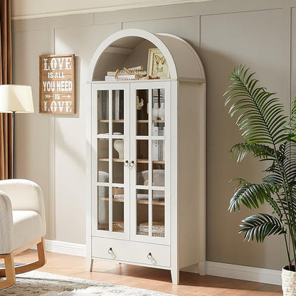 71" Tall Arched Cabinet, Modern Farmhouse Wooden Display Cabinet with Drawer and Glass Doors, 6 Tier Bookshelf w/Adjustable Shelves for Living Room, Office, Antique White