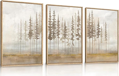 LHIUEM Large Pine Tree Framed Canvas Wall Art Set,Forest Trees Nature Wall Decor,Modern Landscape Artwork, Foggy Forest Painting for Living Room, Bedroom,Office-24 x36 x3