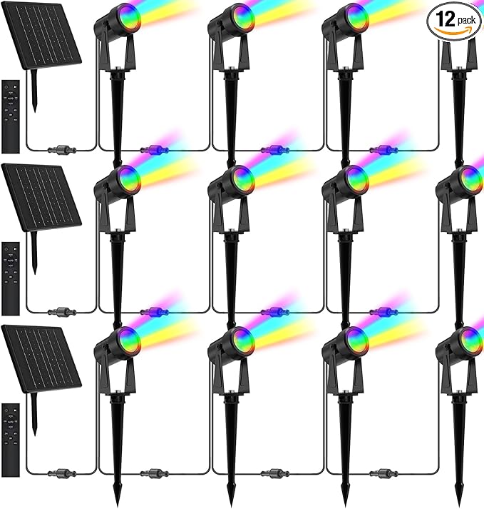 Zyan Solar Color Changing Outdoor Spotlights with Remote, IP65 Waterproof RGB Landscape Lighting for Garden Yard Path 12 Pack (3x4Pack)