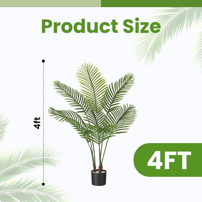 Artificial Palm Trees, 4FT Tall Faux Tree for Indoor and Outdoor, Artificial Plants with Basic Planter, Suitable for Home, Bathroom, Porch Outside Patio Decor