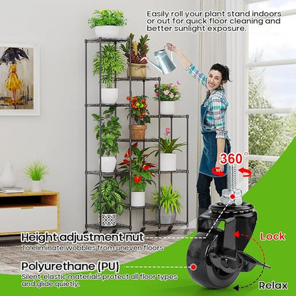 Abimars 74'' Tall Plant Stand with Wheels, Shelf Height Adjustable Metal Plant Shelf for 10 Potted Plants, DIY Assembly Indoor & Outdoor Plant Display Rack