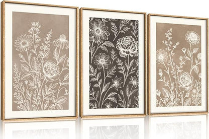 Neutral Boho Flower Framed Canvas Wall Art Set,Vintage Rose Peony Wildflower Wall Decor,Modern Natural Brown Black Floral Botanical Artwork for Living Room, Bedroom,Farmhouse-24 x36 x3