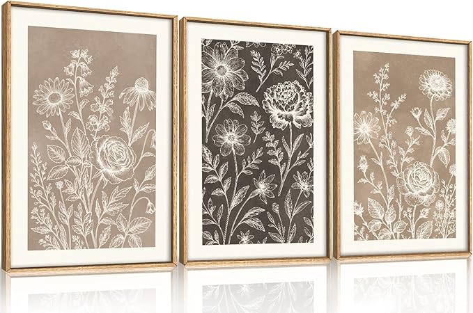 Neutral Boho Flower Framed Canvas Wall Art Set,Vintage Rose Peony Wildflower Wall Decor,Modern Natural Brown Black Floral Botanical Artwork for Living Room, Bedroom,Farmhouse-16 x24 x3