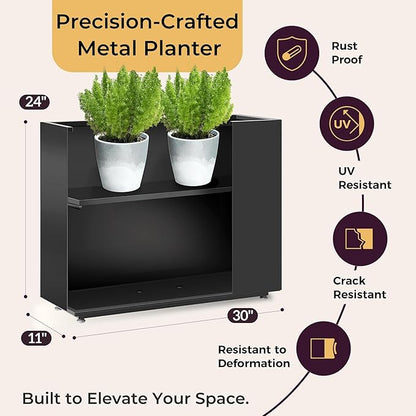 Tall & Long Metal Planter with Middle Shelf - 30W x 11D x 24H Black Rectangular Outdoor Planter Box, Span Divider for Garden, Patio, Yard | Easy 5-Min Assembly, Drainage Holes, Adjustable Feet