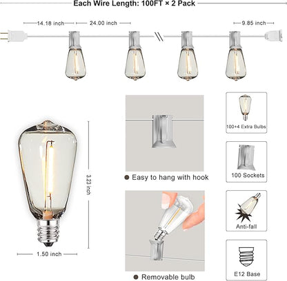 DAMAING Outdoor String Lights 200FT Waterproof,Patio String Lights for Outside with Shatterproof 104 Edison LED Bulbs,Vintage Dimmable Hanging Lights for Christmas,Wedding,2 Pack × 100FT White Cable