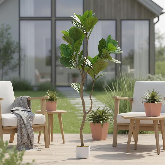 5FT Lifelike Fiddle Leaf Fig Tree with Realistic Trunk, Faux Indoor Plant in Pot for Home and Office Decoration