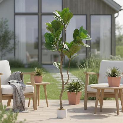 5FT Lifelike Fiddle Leaf Fig Tree with Realistic Trunk, Faux Indoor Plant in Pot for Home and Office Decoration