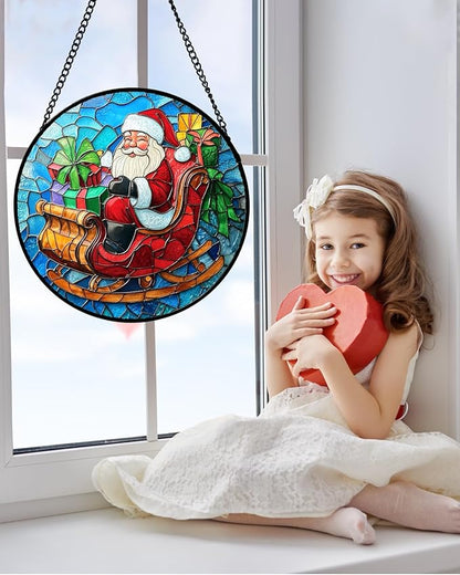 Stained Glass Window Hanging - Red Santa Claus Gift Box Suncatcher for Doors Home Christmas Decoration Winter Sun Catcher Thanksgiving New Year Birthday Gift for Women Men Mom Nana 7.8 in