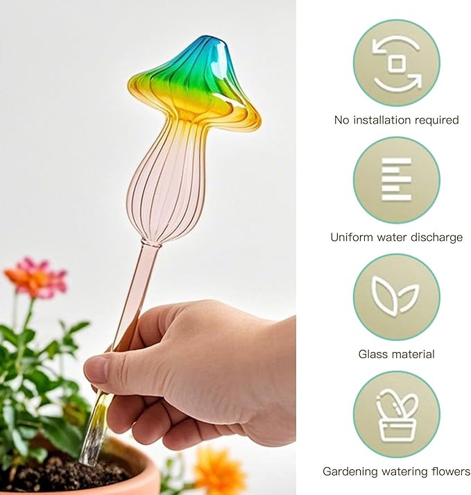 4 PCS Glass Plant Watering Globes Mushroom - Self Watering Globes & Bulbs Plant Watering Devices for Indoor & Outdoor Use Automatic Watering Bulbs