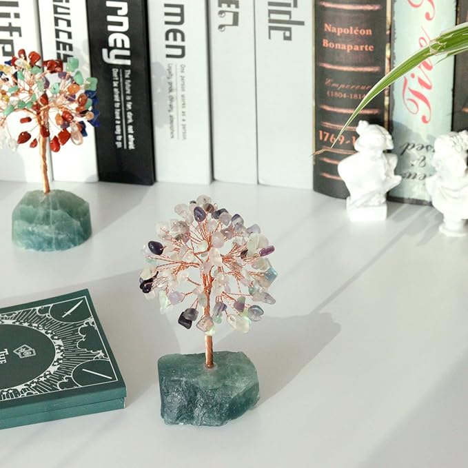 YATOJUZI Fluorite Healing Crystal Tree Natural Reiki Crystals Gemstone Stone Base Copper Wire Tree Life Money Trees Feng Shui Reiki Spiritual Energy Tree for Home Office Desk Decor Good Luck