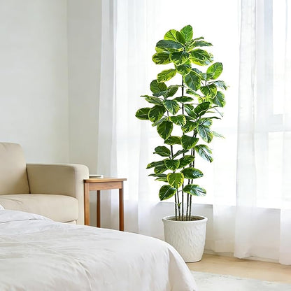 Ficus Tree Artificial Plants Indoor, 6FT Tall Fake Trees in White Pot, Large Potted Silk Floor Plant Artificial Trees, Green Lifelike Faux Ficus Tree for Home Room Office Porch Decor-Yellow