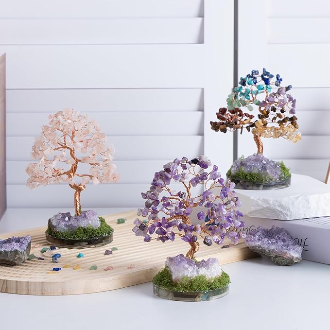 Dreamocean Rose Quartz Crystal Tree of Life Natrual Amethyst Cluster Geode Crystal Money Gemstone Bonsai Tree for Positive Energy, Money, Good Luck Pink Gifts for Women（Pink）