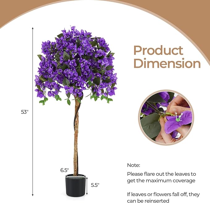 GOFLAME 53" Artificial Bougainvillea Tree, Faux Silk Flower Plant in Pot with 576 Flowers & 288 Leaves, Indoor Outdoor Fake Bougainvillea for Home, Office and Garden Decor, Purple