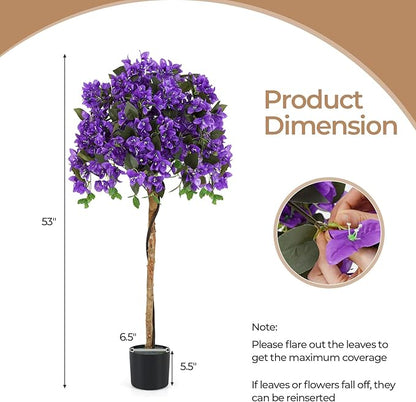 GOFLAME 53" Artificial Bougainvillea Tree, Faux Silk Flower Plant in Pot with 576 Flowers & 288 Leaves, Indoor Outdoor Fake Bougainvillea for Home, Office and Garden Decor, Purple
