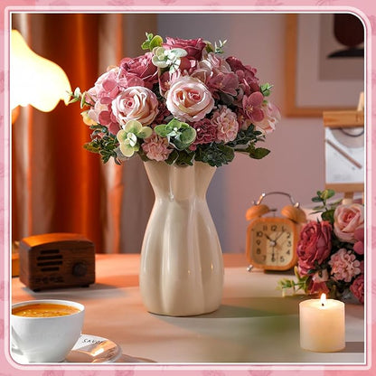 6 Pcs Artificial Peony Silk Florals Fake Mix Silk Peony Rose Faux Flower Hydrangea Bouquet Elegant Realistic Wedding Floral Centerpiece for Home Party Table Arrangement (Champagne with Red)