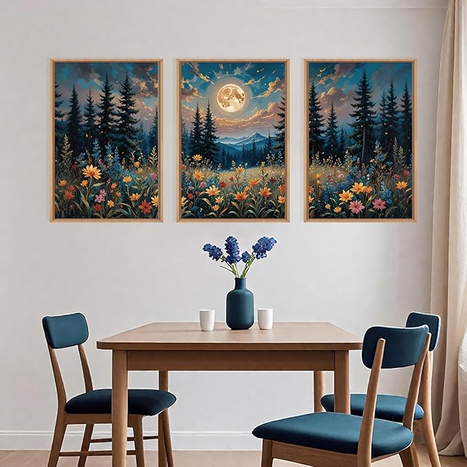 Large Nature Moon Wildflowers Framed Canvas Wall Art,Vintage Forest Flowers Wall Decor,Dark Mountain Night Painting,Wilderness Artwork for Living Room,Bedroom,Dining Room,Office -16"x24"x3
