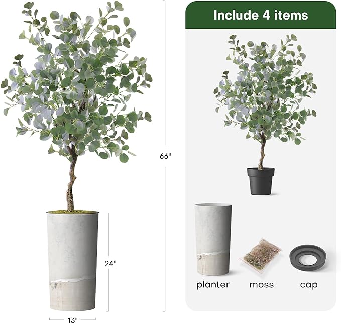Artificial Tree in Gray Tan Watercolor Abstract Planter, Fake Eucalyptus Silk Tree for Indoor and Outdoor Home Decoration - 66" Overall Tall (Plant Pot Plus Tree)