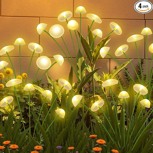 KAQ 4PK 32LED Solar Garden Lights Outdoor Waterproof | Solar Mushroom Lights for Outside Sway by Wind Firefly Fairy Light for Patio Pathway Garden Bush Yard Decorations (Warm White)