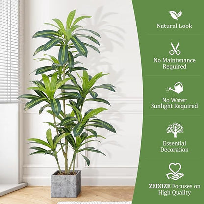 Dracaena Plant Artificial Tree 5Ft Tall Fake Tropical Floor Plants Potted (Real Touch) Artificial Silk Tree Leaf Faux Trees Black Tall Planter for Home Office Living Room Indoor Outdoor Decor