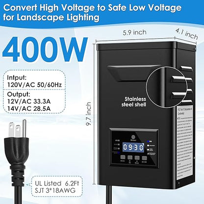 400W Low Voltage Landscape Transformer with Timer & Photocell for Landscape Lighting, 120V to 12V/14VAC, Stainless Steel, Weatherproof Smart Transformers for Outdoor Yard Lights, Path Lights