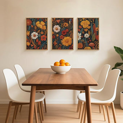 Vintage Orange Flower Framed Canvas Wall Art, Boho Abstract Floral Prints, Mid Century Botanical Flower Decor, Retro Neutral Plant Art Painting for Bedroom Living Room Office 16"x24"x3