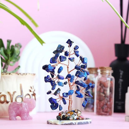 Lapis Lazuli Healing Crystal Tree of Life Natural Gemstone Agate Slice Base Copper Wire Wrapped Money Trees Feng Shui Spiritual Energy Decorations Home Office Room Desk Decor Gifts for Women Men