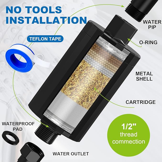ALL METAL Shower Head Filter – KDF 55 Shower Filter Vitamin C E&A for Hard Water, High Pressure Universal Shower Water Filters to Reduce Toxic Chemicals – Reduces Chlorine and Heavy Metals,Black