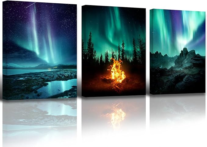 BLINFEIRU Northern Lights Canvas Wall Art Set of 3, Aurora Borealis Pictures for Living Room Decor, Modern Farmhouse Bedroom Paintings Prints, Home Office Artwork, Framed Ready to Hang