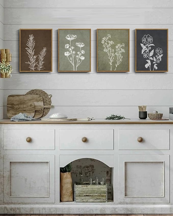 Drsoum Botanical Wall Art Framed Boho Wall Art Decor Wooded Vintage Print Modern Farmhouse Home Kitchen Decor 11x14inx4pcs